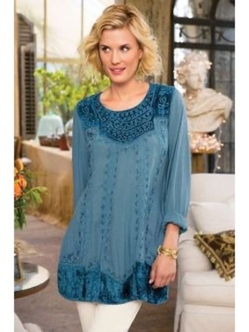 Soft Surroundings Teal Blue Embroidered Tunic